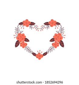 Heart shaped Folk floral wreath frame vector clip-art for cosy romantic Valentine’s Day design