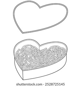 Heart shaped food container filled with noodles. Illustration in outline and vector format.