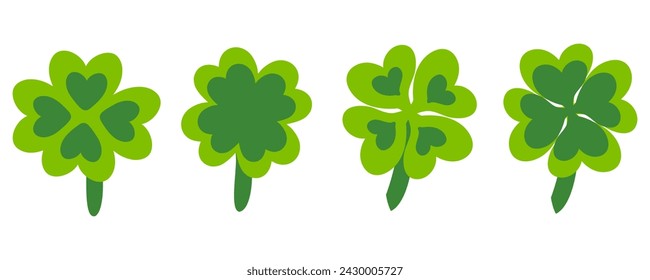 Heart shaped four leaf clover plant collection for St Patricks Day. Perfect set for card, sticker, poster, banner. Hand drawn isolated vector illustration.


