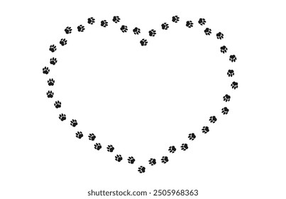 Heart shaped frame with animal paw print. Black silhouette track of dog or cat paw prints. Frame with paw prints of pets for decoration of shop windows, websites, etc. Vector illustration.