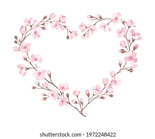 Heart Shaped Frame Arranged of Twigs of Sakura or Cherry Blossom Vector Illustration