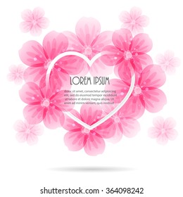 Heart shaped frame with beautiful pink flowers, vector illustration