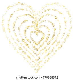 Heart shaped frame or border Valentines day background with random hand drawn falling golden hearts isolated on white.