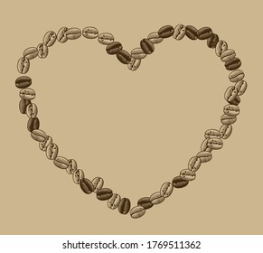 Heart shaped frame of coffee beans. Vintage engraving black and white stylized drawing. Vector illustration
