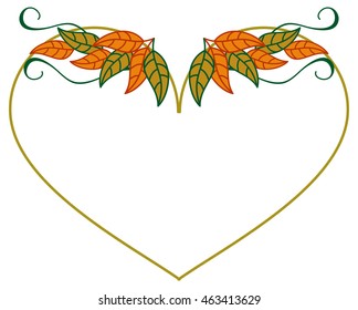 Heart shaped frame with color decorative leaves. Vector clip art.