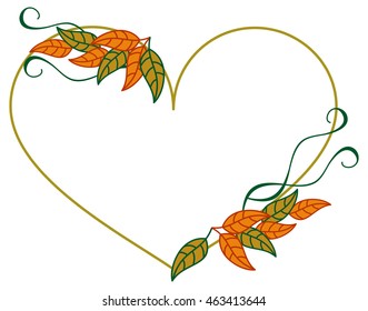 Heart shaped frame with color decorative leaves. Vector clip art.