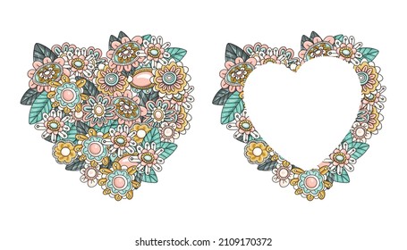 Herzförmiger Rahmen. Farbiges Herz, bestehend aus Blütenblättern und Pflanzen. Design für Hochzeitseinladungen und Valentinstag. Vektorgrafik.