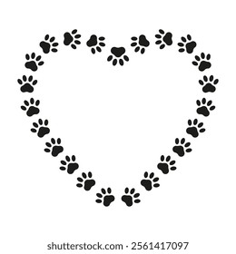 Heart shaped frame with dog paws in flat style. Vector design for pet lover. Decorative element for prints, banners, posters, packaging