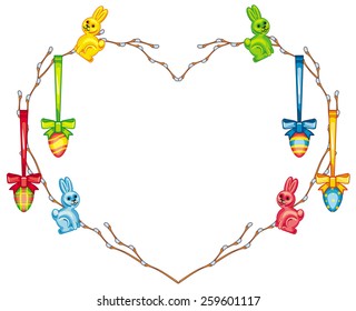 Heart shaped frame with Easter eggs and Easter bunnies