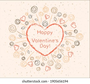 Heart shaped frame with flower, leaves, little hearts around it. Copy space inside of heart. Chalk strokes on beige textured backdrop. Botanical elements for Valentine's day design Natural warm colors