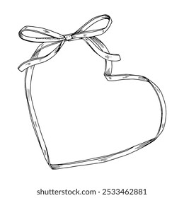 A heart shaped frame formed by a hand-drawn ribbon and bow, perfect for Valentines Day cards. This black and white vector illustration offers ample copy space for love-themed messages or invitations