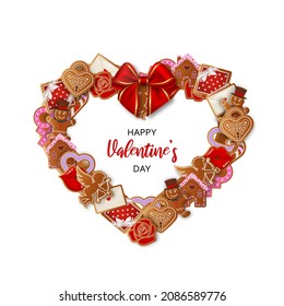 heart shaped frame with gingerbreads and red bow. valentine's day wreath with gingerbread cookies	