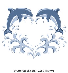 Heart shaped frame with jumping dolphins and water drops. Vector illustration