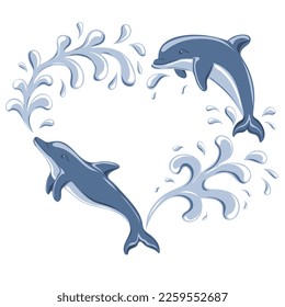 Marco en forma de corazón con delfines saltantes y gotas de agua. Ilustración del vector