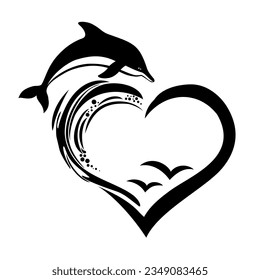 Marco en forma de corazón con delfines saltantes y gotas de agua. ilustración para el delfinario. Diseño delfinario del logo. Un delfín agradable. Ilustración del vector