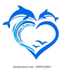 Heart shaped frame with jumping dolphins and water drops. Dolphins jumping out of the water. illustration for the Dolphinarium. Dolphinarium design of logo. Cute friendly blue dolphin. Vector 