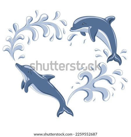 Heart shaped frame with jumping dolphins and water drops. Vector illustration