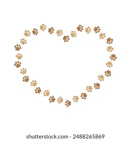 Heart shaped frame made of animal paw prints with empty space for your text and images. Cute Valentines, animal lover dog paw print border.