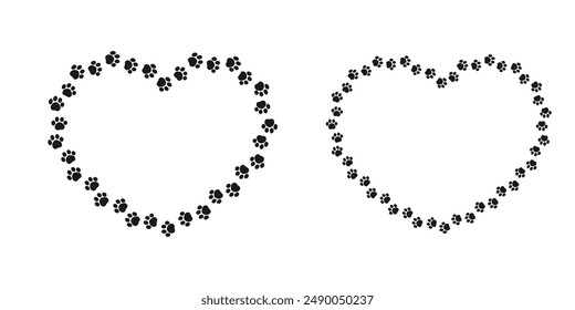 Heart shaped frame made of animal paw prints with empty space for your text and images. Cute Valentines, animal lover dog paw print border.