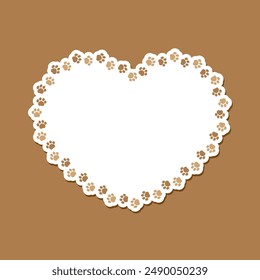 Heart shaped frame made of animal paw prints with empty space for your text and images. Cute Valentines, animal lover dog paw print border.