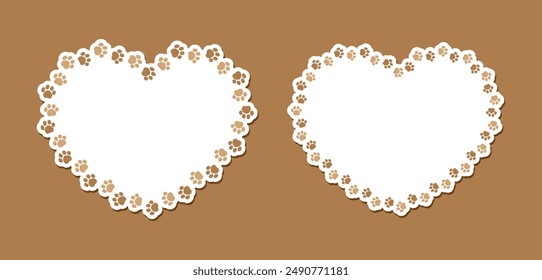 Heart shaped frame made of animal paw prints with empty space for your text and images. Cute Valentines, animal lover dog paw print border.