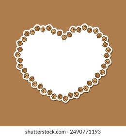 Heart shaped frame made of animal paw prints with empty space for your text and images. Cute Valentines, animal lover dog paw print border.