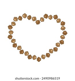 Heart shaped frame made of animal paw prints with empty space for your text and images. Cute Valentines, animal lover dog paw print border.