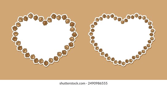 Heart shaped frame made of animal paw prints with empty space for your text and images. Cute Valentines, animal lover dog paw print border.