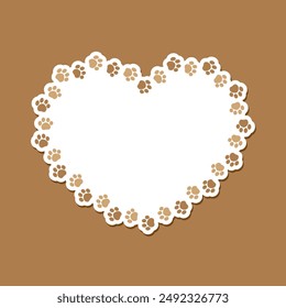 Heart shaped frame made of animal paw prints with empty space for your text and images. Cute Valentines, animal lover dog paw print border.