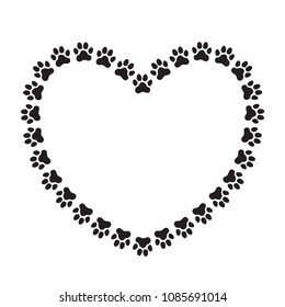 Heart shaped frame made of animal's (dog's) paw prints. Frame for your pet's portrait. Icon. Vector illustration.