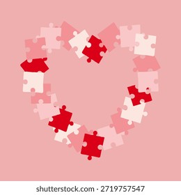 Marco en forma de corazón hecho de piezas de rompecabezas rosadas, una tarjeta para felicitar a alguien en el Día de San Valentín, cumpleaños o declaración de amor y pasión. Sobre fondo rosa suave.