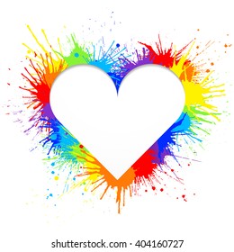 Heart shaped frame made of rainbow paint splashes on white background  Vector illustration.