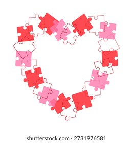 Heart shaped frame made of red puzzle pieces, card for congratulating someone on Valentines Day, birthday, or declaration of love and passion. On white background.