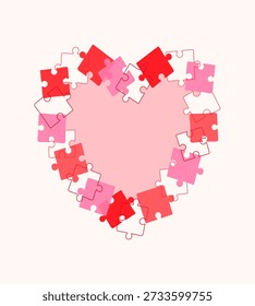 Heart shaped frame made of red puzzle pieces. Poster for congratulating someone on Valentines Day, birthday, or declaration of love and passion. 