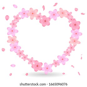 Marco en forma de corazón hecho de flores sakura de primavera y pétalos, vector. Para tarjeta de felicitación, invitación, banner, volante