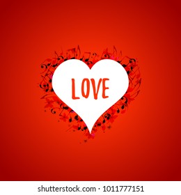 Heart shaped frame with music notes on red background. Music elements for card, poster, party invitation. Music background design vector illustration 