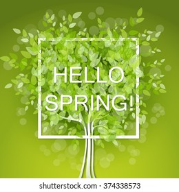 Heart shaped frame on tree background with green leaves. Hello spring