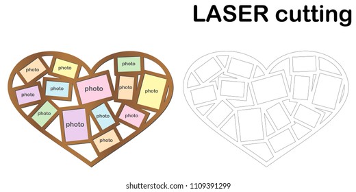 Heart shaped frame for photos for laser cutting. Collage of photo frames. Template laser cutting machine for wood and metal