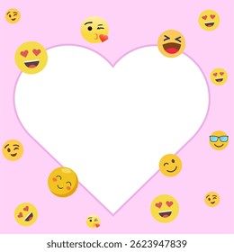 heart shaped frame pink background surrounded by different smileys emoticons expressing emotions gift card template poster.