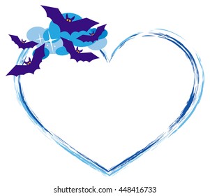 Heart shaped frame with silhouettes of flying bats. Original background for greeting cards, invitations, prints.Vector clip art.