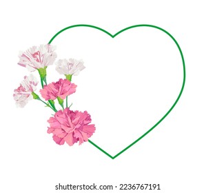 Heart shaped frame with spring flowers. Pink carnations for Mother's Day and Valentine's Day. Vector illustration. wedding template.