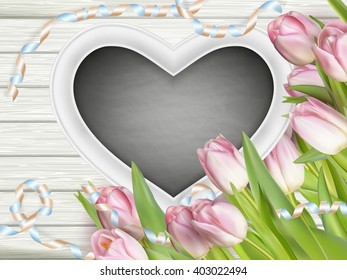 Heart shaped frame with tulips on white wooden background. EPS 10 vector file included
