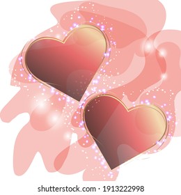 Heart shaped frame. Two hearts. Vector red neon light effect heart frame with bright flares. Magic glowing dots on glass, shining sparks of stardust, hot lighting. Energy shiny tile.