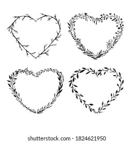 Heart shaped frames isolated on white. Hand drawn rustic floral frames. Vector romantic frames template. 