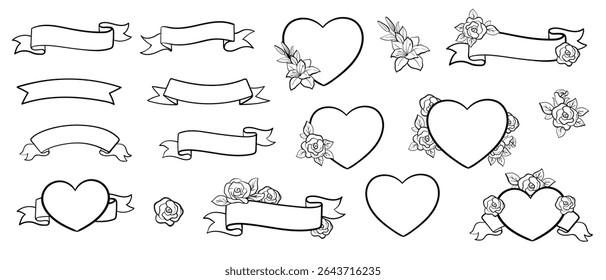 Heart Shaped Frames and Text Ribbons. Set of floral frames, line art. Doodle style black color vector.