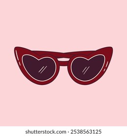 Heart shaped funky sunglasses in retro style. Funny glasses outline illustration. Y2k girly clipart. Abstract doodle drawing. Vector graphic