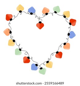 Heart shaped garland lights. Decorative design element with colorful light bulbs for Valentine's day card, wedding invitation, web banner, poster.