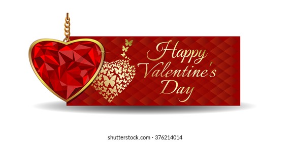 Heart shaped gemstone set in gold. Jewel in the shape of a heart in a gold frame. Diamond heart on the background of a greeting card for Valentine's Day. Banner Valentine's Day.
