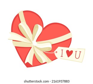Heart Shaped Gift Box with Bow and Tag for Valentine s Day Vector Illustration