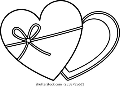 Heart shaped gift box with bow Outline Vector.
Opened Heart shaped Valentine's Day gift box coloring drawing.
Transparent background.
